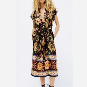 Zara Gold and Red Midi Sundress with Plunge Neckline